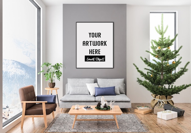 Interno di Natale con mockup di cornice verticale