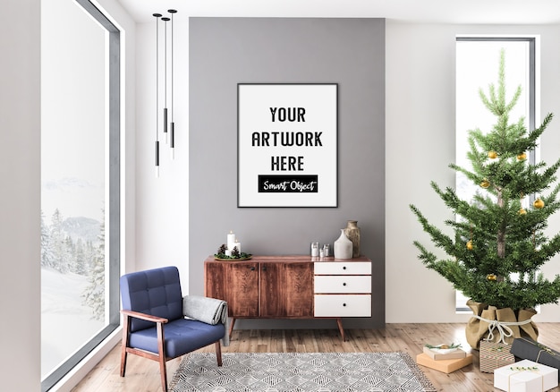 Interno di Natale con mockup di cornice verticale