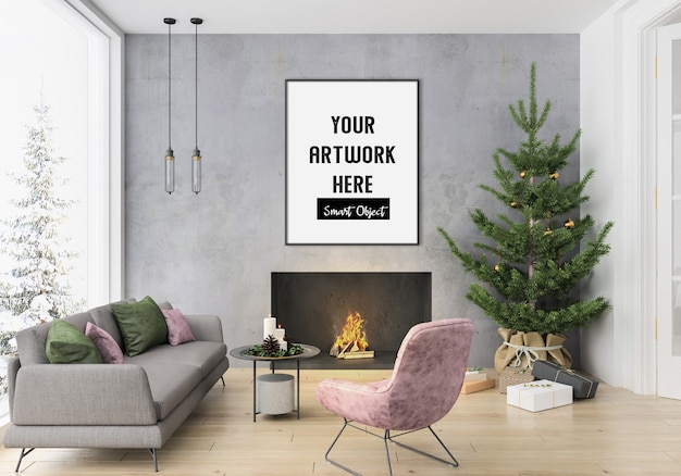 Interno di Natale con mockup di cornice verticale