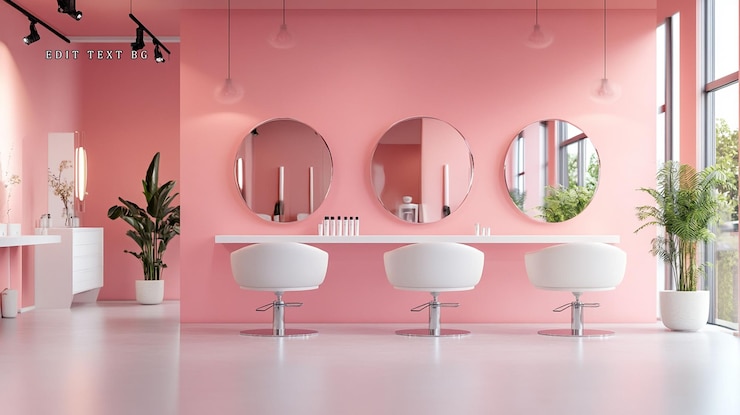 PSD interno moderno di salone rosa con tre eleganti sedie bianche, specchi rotondi e piante in vaso