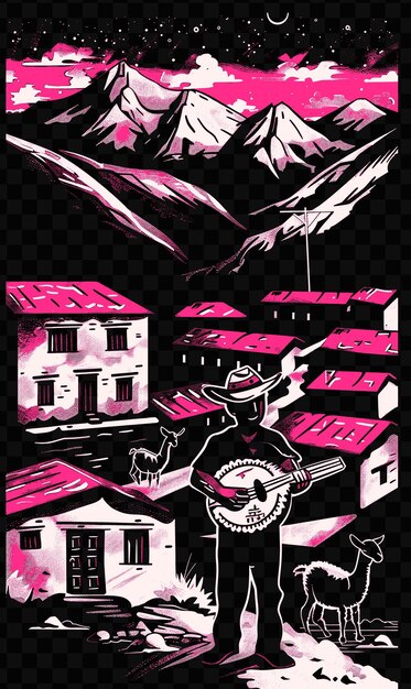 PSD interpretador de charango andino se apresentando em uma aldeia de montanha com cartão postal do dia mundial da música