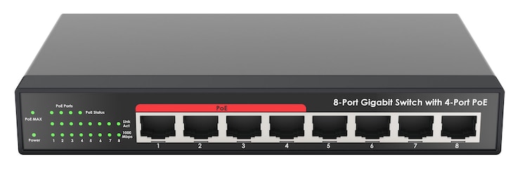 PSD interruptor gigabit de 8 puertos con representación 3d poe de 4 puertos aislada en un fondo transparente