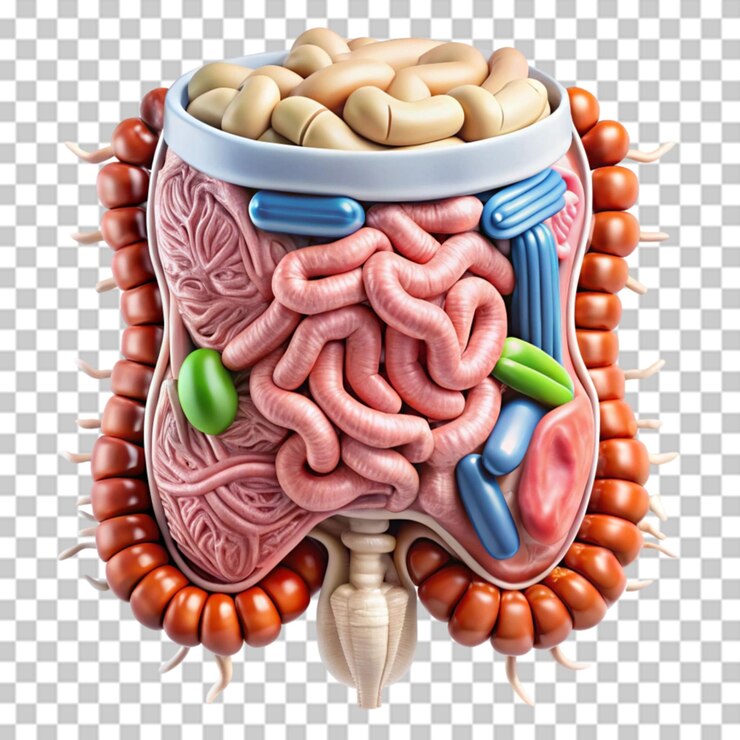 PSD intestinos y pastillas probióticos antibióticos entrañas sobre un fondo transparente
