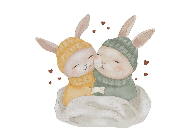 Intime Kaninchenliebe Herzwermende Aquarell-Illustration von freudigen Umarmungen und zarten Momenten zusammen