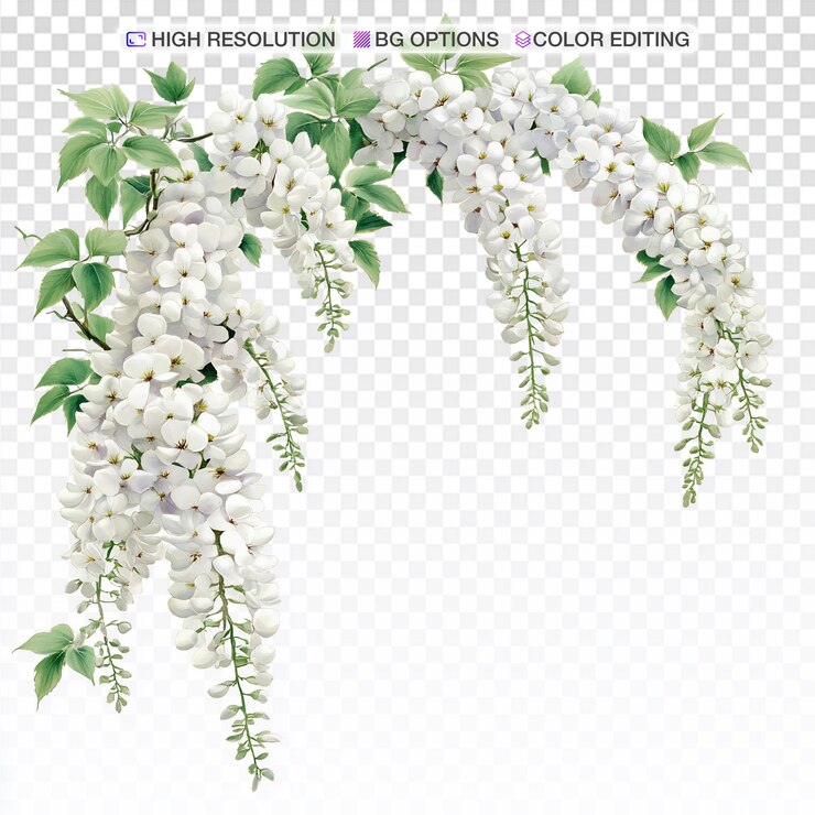 PSD intricata illustrazione ad acquerello di glicina bianca su sfondo bianco