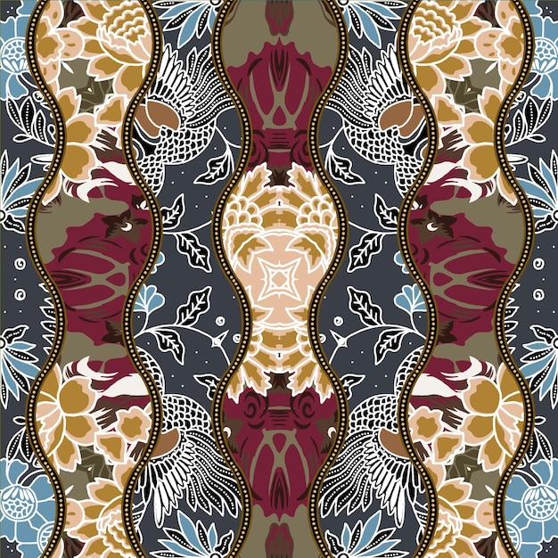Intricate Batik Textile Design with Floral and Peacock Motifs