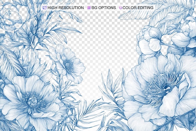 Intricate Blue Line Drawing of a Tropical Garden with Peonies