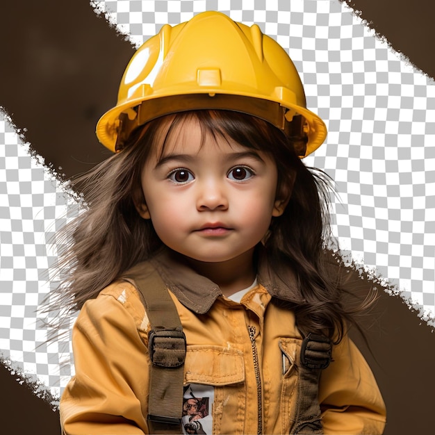 PSD una intrigada niña preescolar con cabello largo de la etnia mongola vestida con ropa de ingeniero industrial posa en un estilo chin on hand contra un fondo amarillo pastel