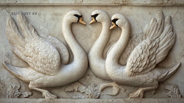 Intrincada talla de mármol de dos cisnes en un abrazo amoroso