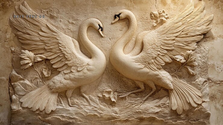 PSD intrincada talla de piedra de dos cisnes mirándose el uno al otro adornados con detalles florales