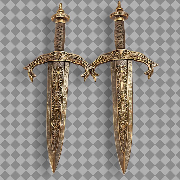 Intrincadas espadas cortas gemelas de bronce grabadas con un complejo activo de juego P PNG en un fondo limpio