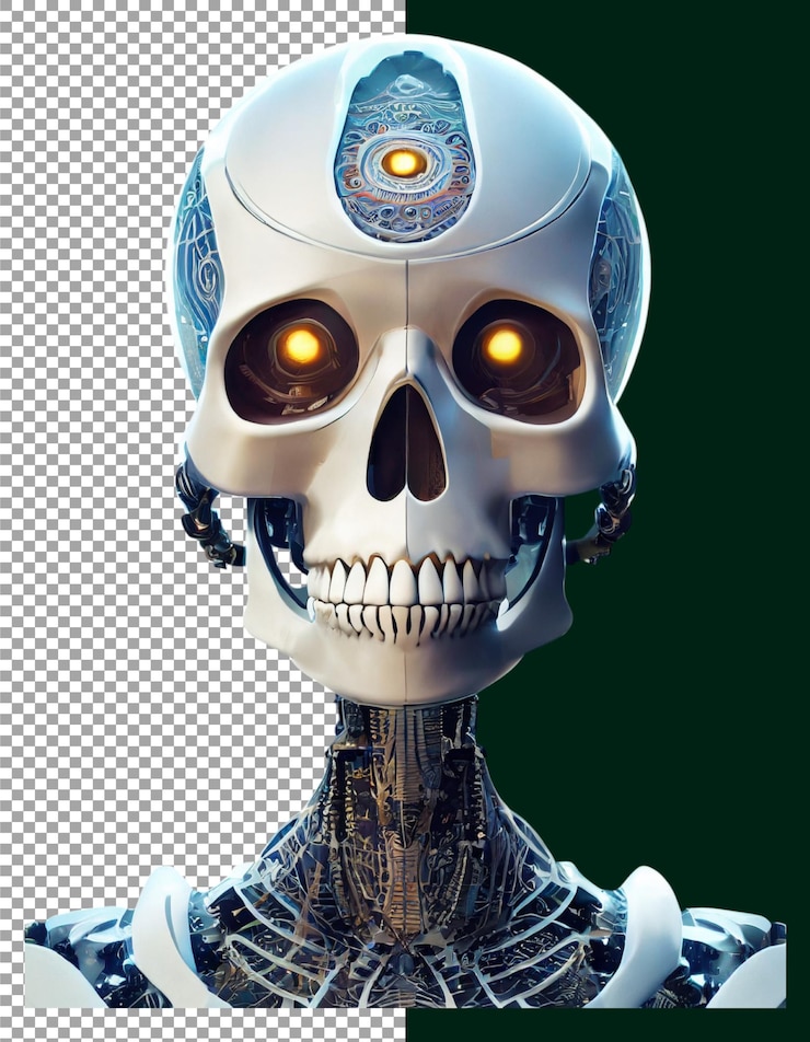 PSD intrincado cráneo cibernético con cables expuestos y ojos brillantes en fondo transparente png psd