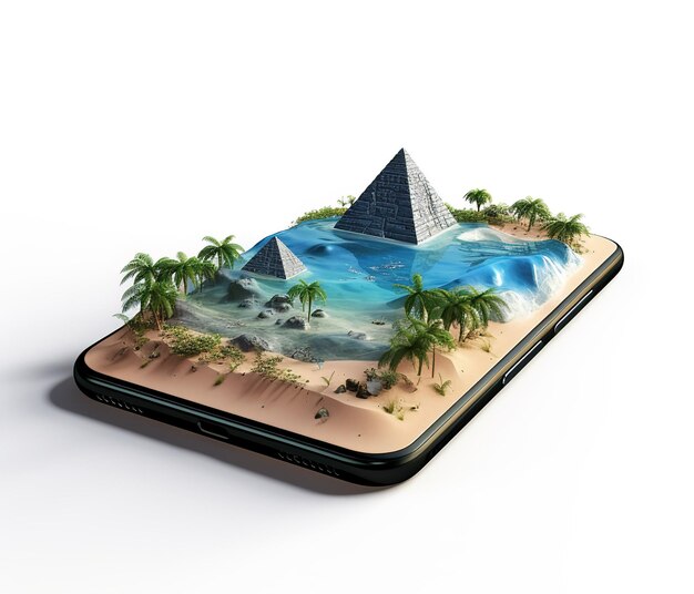 Inusual ilustración en 3d de una isla tropical con palmeras océano azul y en un teléfono inteligente aislado