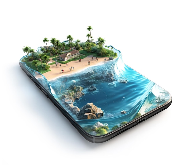 Inusual ilustración en 3d de una isla tropical con palmeras océano azul y en un teléfono inteligente aislado