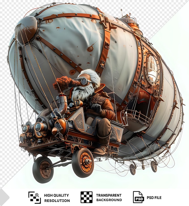 PSD un inventeur de dessins animés steampunk en 3d volant un zeppelin à vapeur.