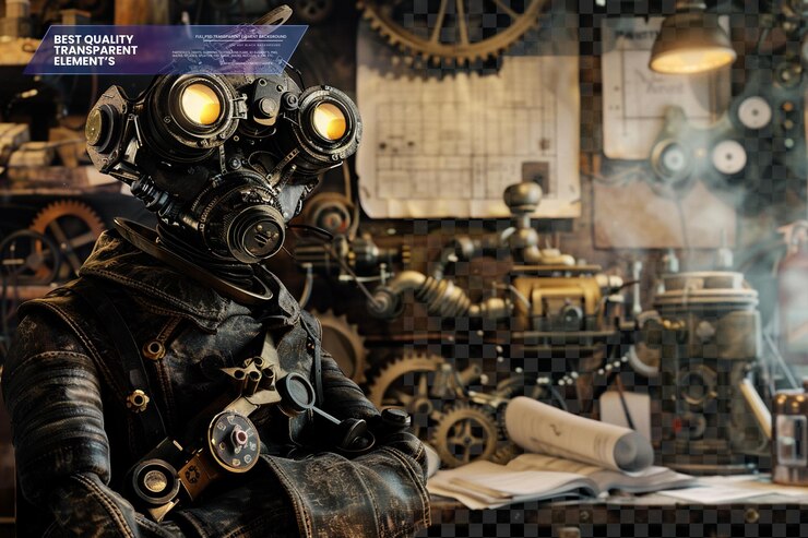 PSD inventor steampunk con gafas, brazo mecánico y herramientas en un fondo transparente