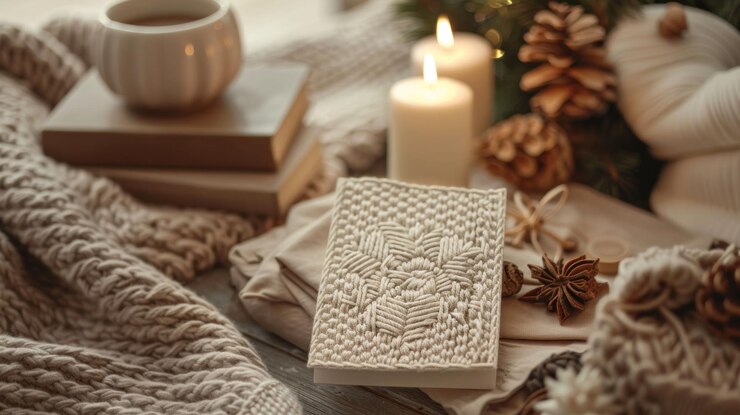 PSD inverno accogliente natura morta con una tazza di tè candele libri e una coperta a maglia