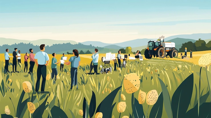 PSD investigadores agrícolas observan un tractor rociando un campo