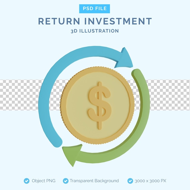 PSD investimento de retorno com uma ilustração 3d de moeda de ouro