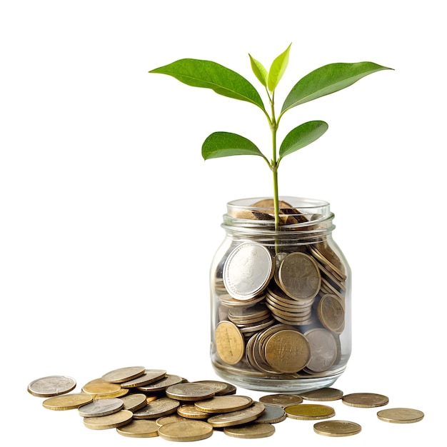 Investimento em crescimento Uma planta que emerge de um frasco de moedas