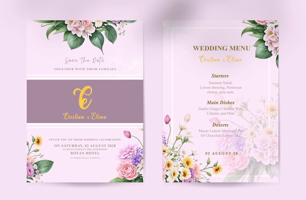 Invitação de casamento de flores PSD com belas flores aquareladas