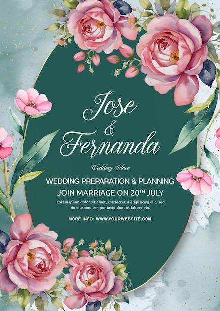 Invitação de casamento de rosa a aquarela elegante e imprimível