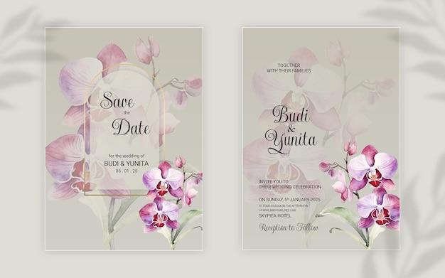 Invitación de boda en acuarela con hermosas flores de orquídea