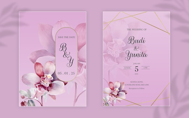 Invitación de boda en acuarela con hermosas flores de orquídeas