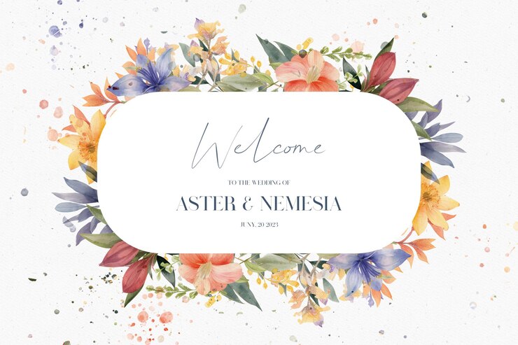 PSD invitación de boda con acuarela de plantilla floral y hojas.