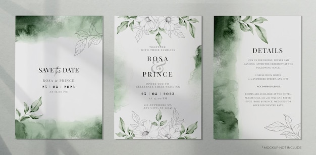 PSD invitación de boda de acuarela verde con hojas y flores