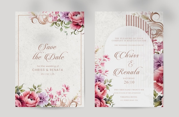 PSD invitación de boda con acuarelas de flores de belleza