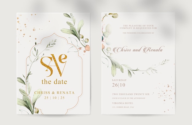 PSD invitación de boda con belleza acuarela eucalyptus greenery ramos