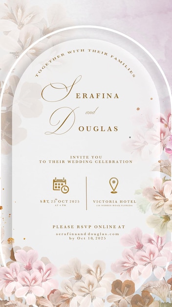 PSD invitación de boda digital con arreglo floral