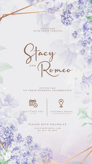 Invitación de boda digital con elegante flor morada