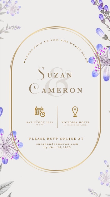 Invitación de boda digital con flor morada
