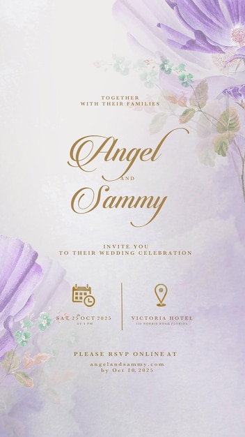 Invitación de boda digital con flor morada