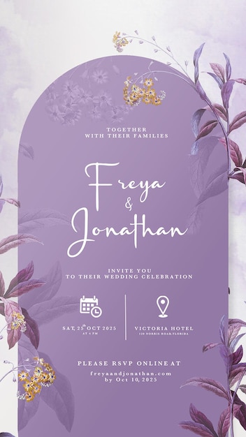 Invitación de boda digital con fondo morado geométrico