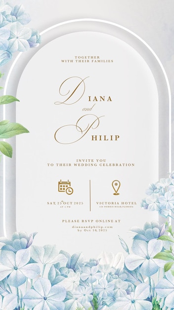 Invitación de boda digital con hortensia azul