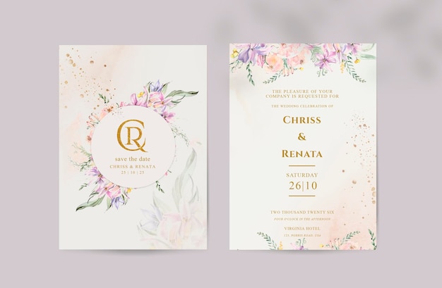 PSD una invitación de boda con diseño floral y letras doradas.