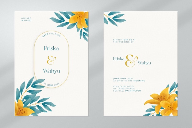 Invitación de boda de doble cara con adornos de acuarela de flores tropicales