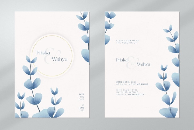 Invitación de boda de doble cara con adornos de acuarela de hojas azules