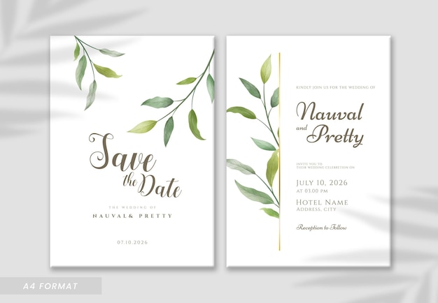 invitación de boda de doble cara con pintura digital de acuarela de hojas ramificadas