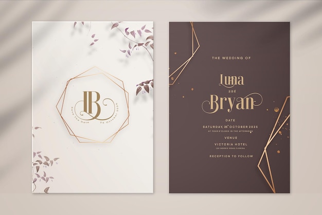 Invitación de boda dorada y guardar la fecha con fondo marrón