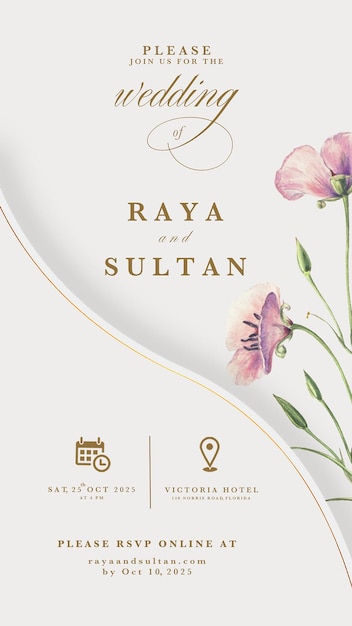 Invitación de boda electrónica con flor vintage sobre fondo blanco