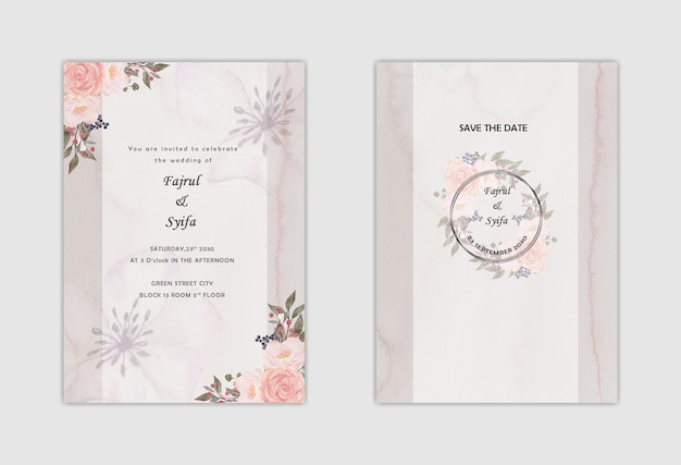 Invitación de boda con flor rosa y abstracta acuarela psd