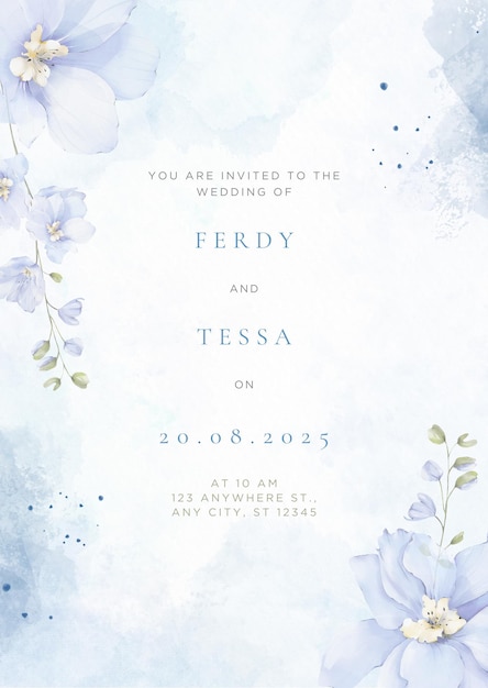 Invitación de boda floral de acuarela azul y blanca 1