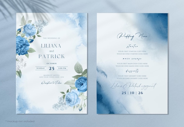 Invitación de boda floral acuarela y plantilla de menú con tema azul