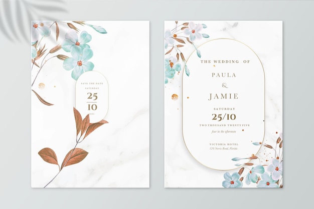 Invitación de boda floral y guardar la fecha con flor azul