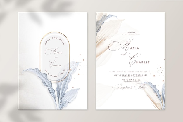 Invitación de boda floral y guardar la fecha con hojas azules