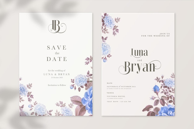 Invitación de boda floral y guardar la fecha con rosa azul